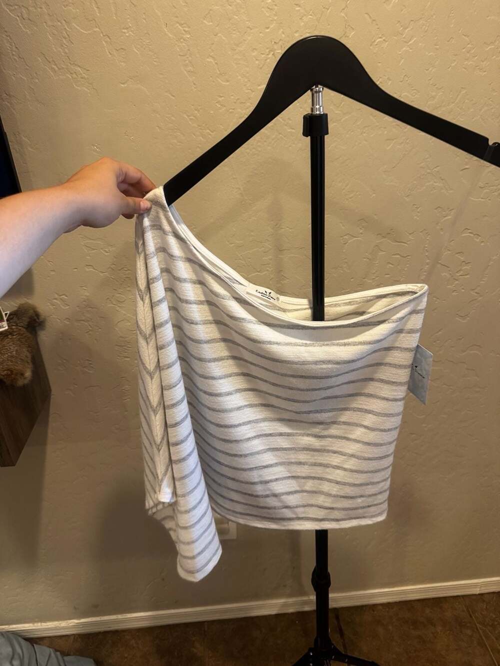 Rebellious Dreamer White and Gray Striped One-Shoulder Top Open Poncho Style